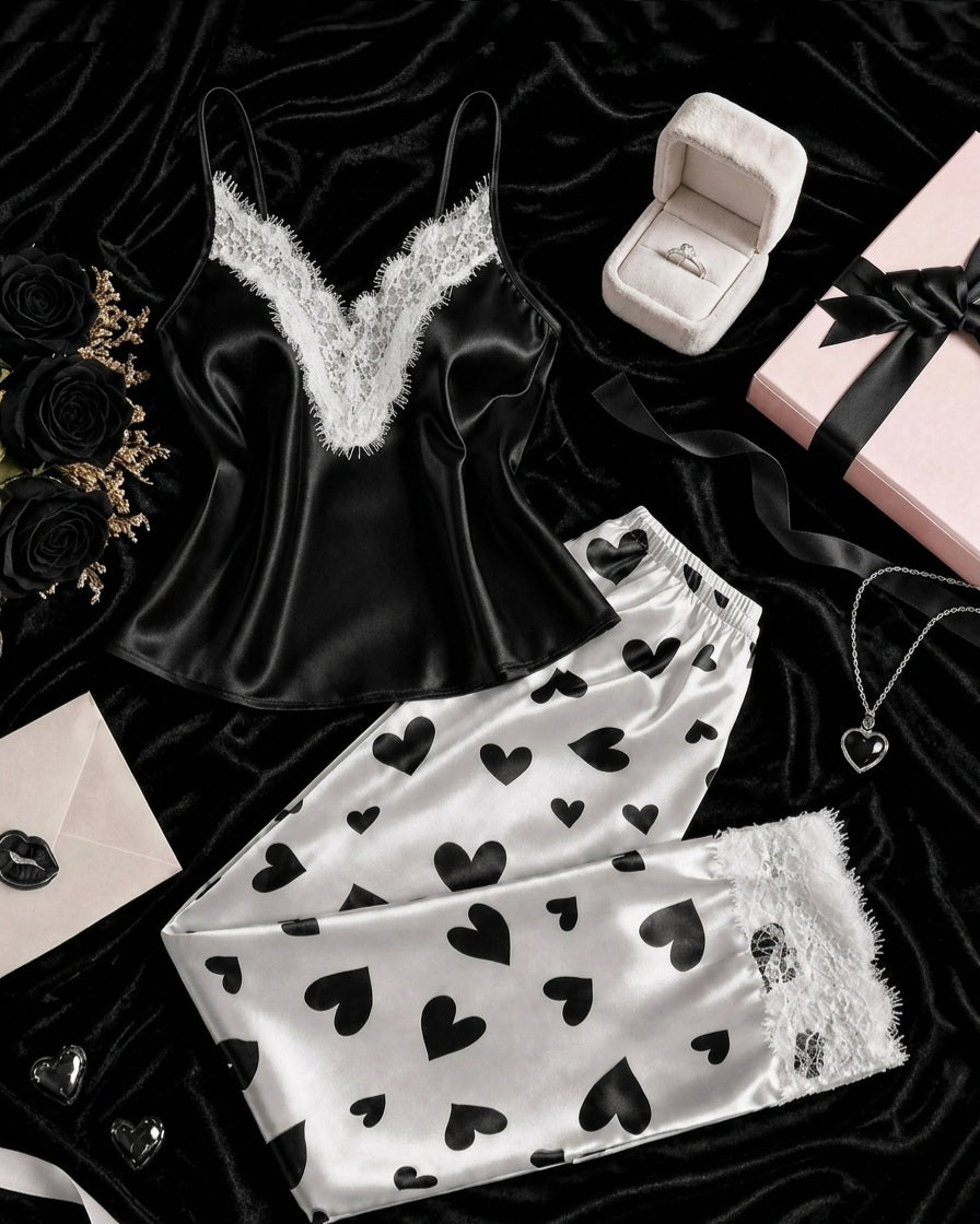 Heart print satin pajama set