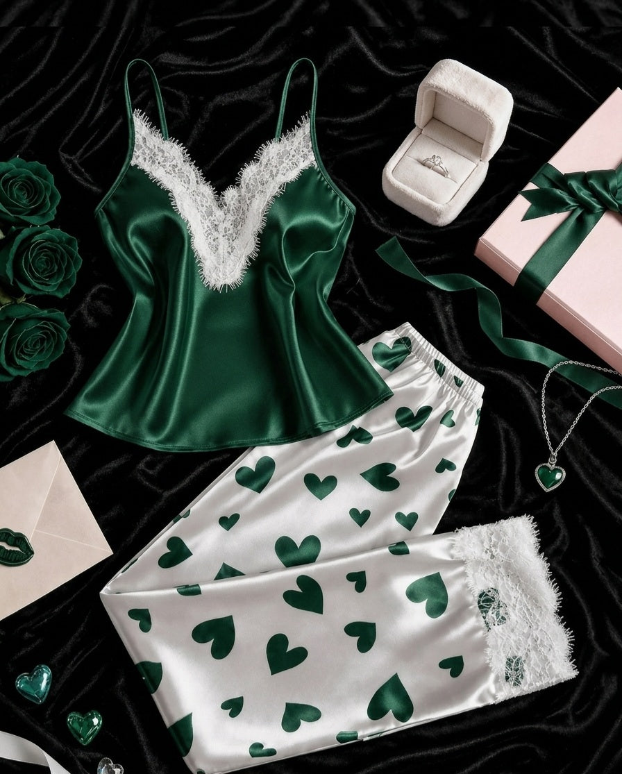 Heart print satin pajama set