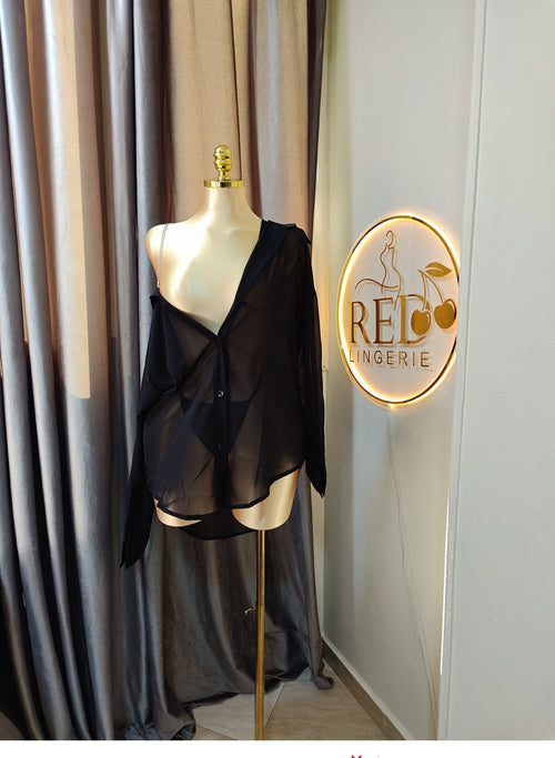 off-shoulder black sheer lingerie with diamod straps