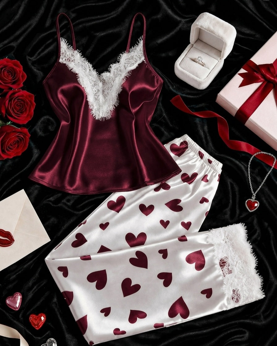Heart print satin pajama set
