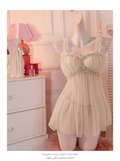 Elegant beige mesh ruffle-trimmed babydoll dress