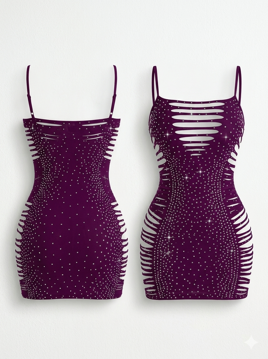 Rhinestone mini dress with ripped cuts