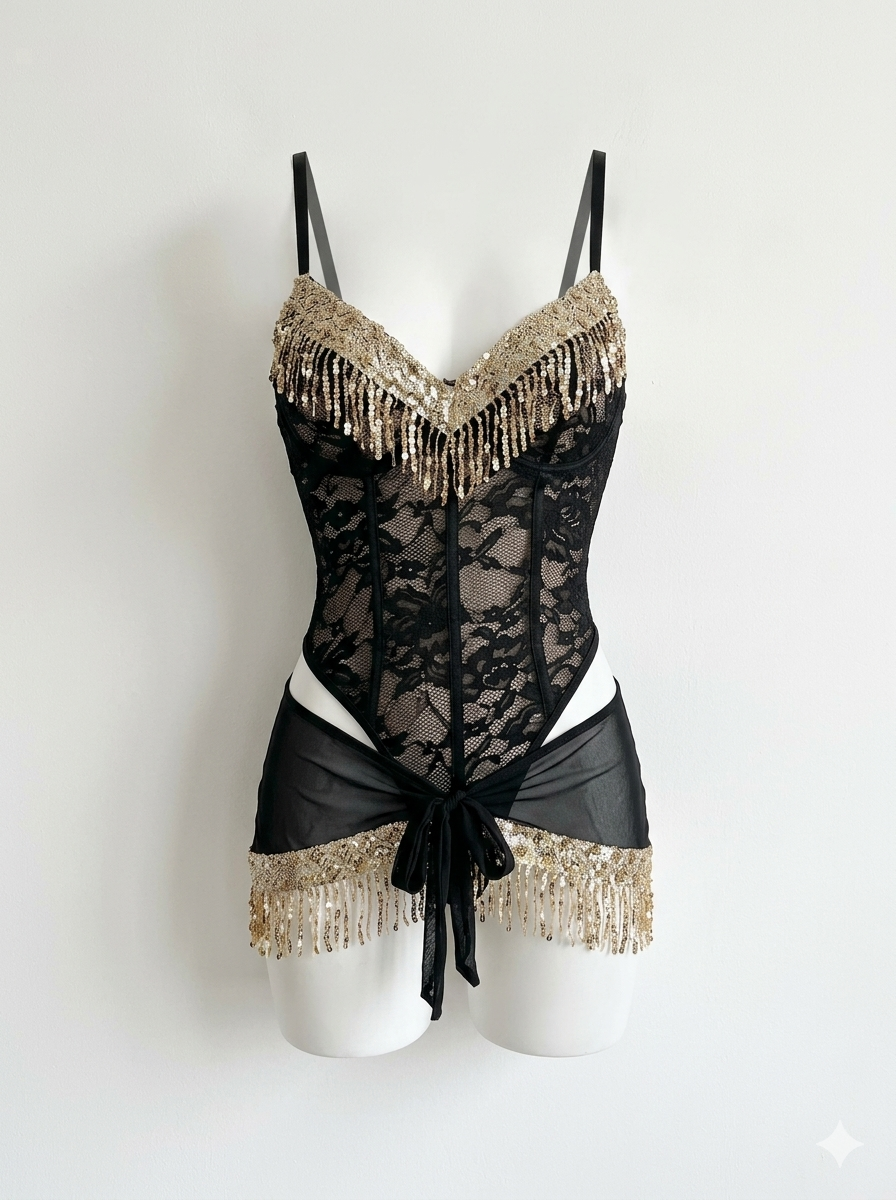 A black lace bodysuit with gold fringe