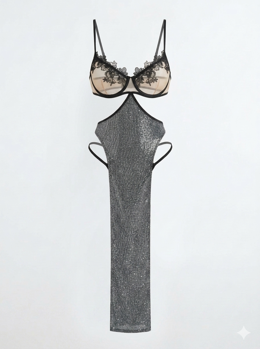 Glittery long dress with a lace bra top