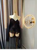 off-shoulder black sheer lingerie with diamod straps