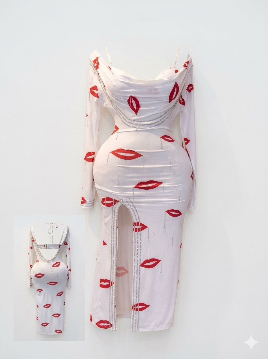 Belly dance costume with lip print and side slit.
