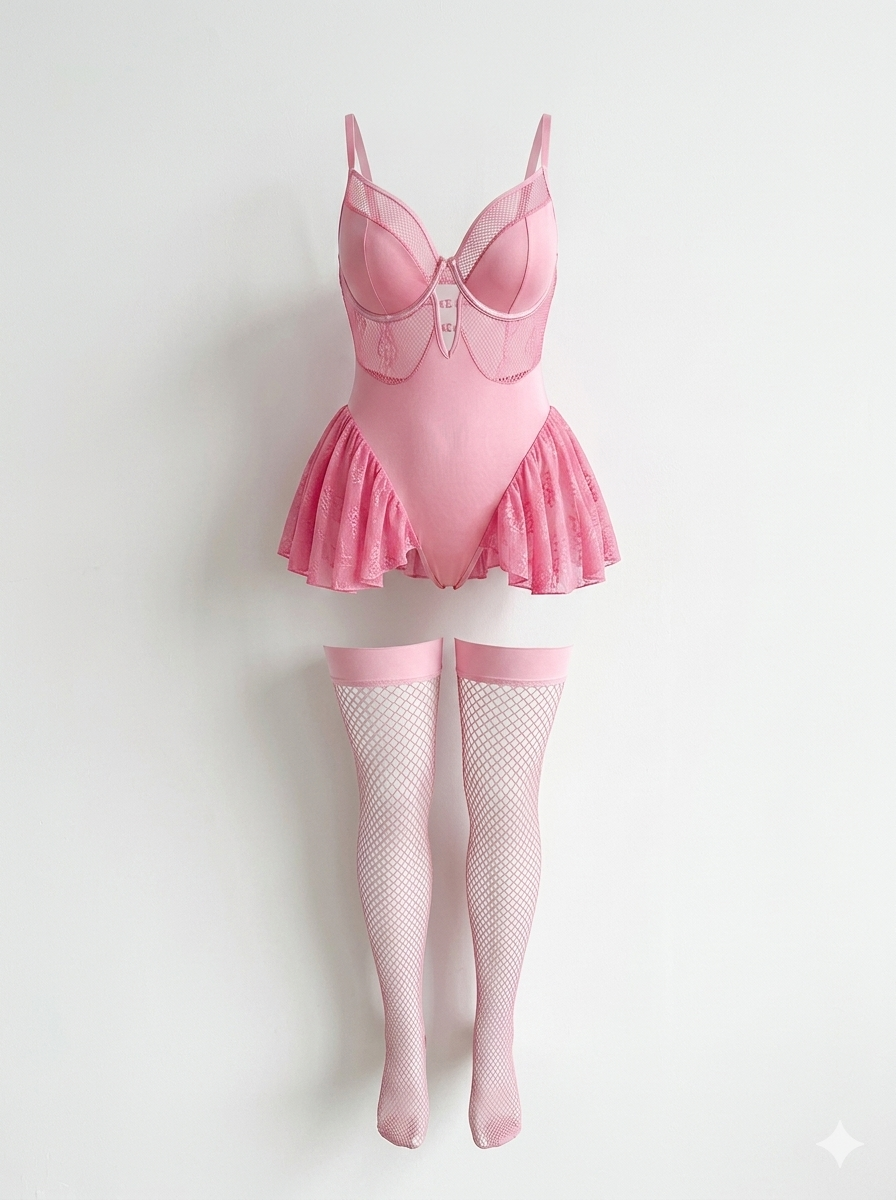 A pink lingerie bodysuit with a ruffled skirt
