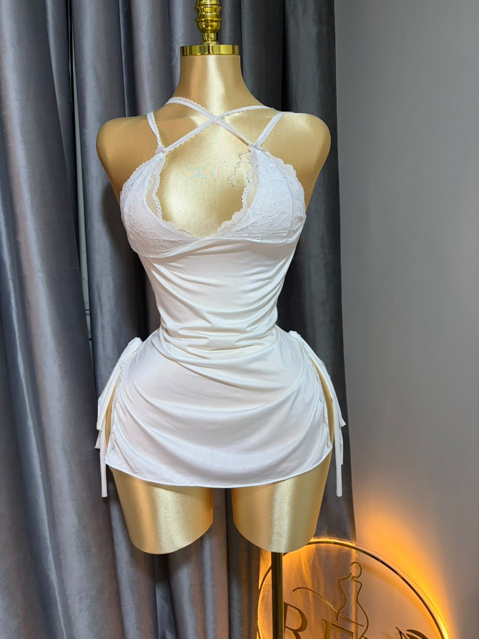 V-Neck Side-Tie Lingerie Mini Dress