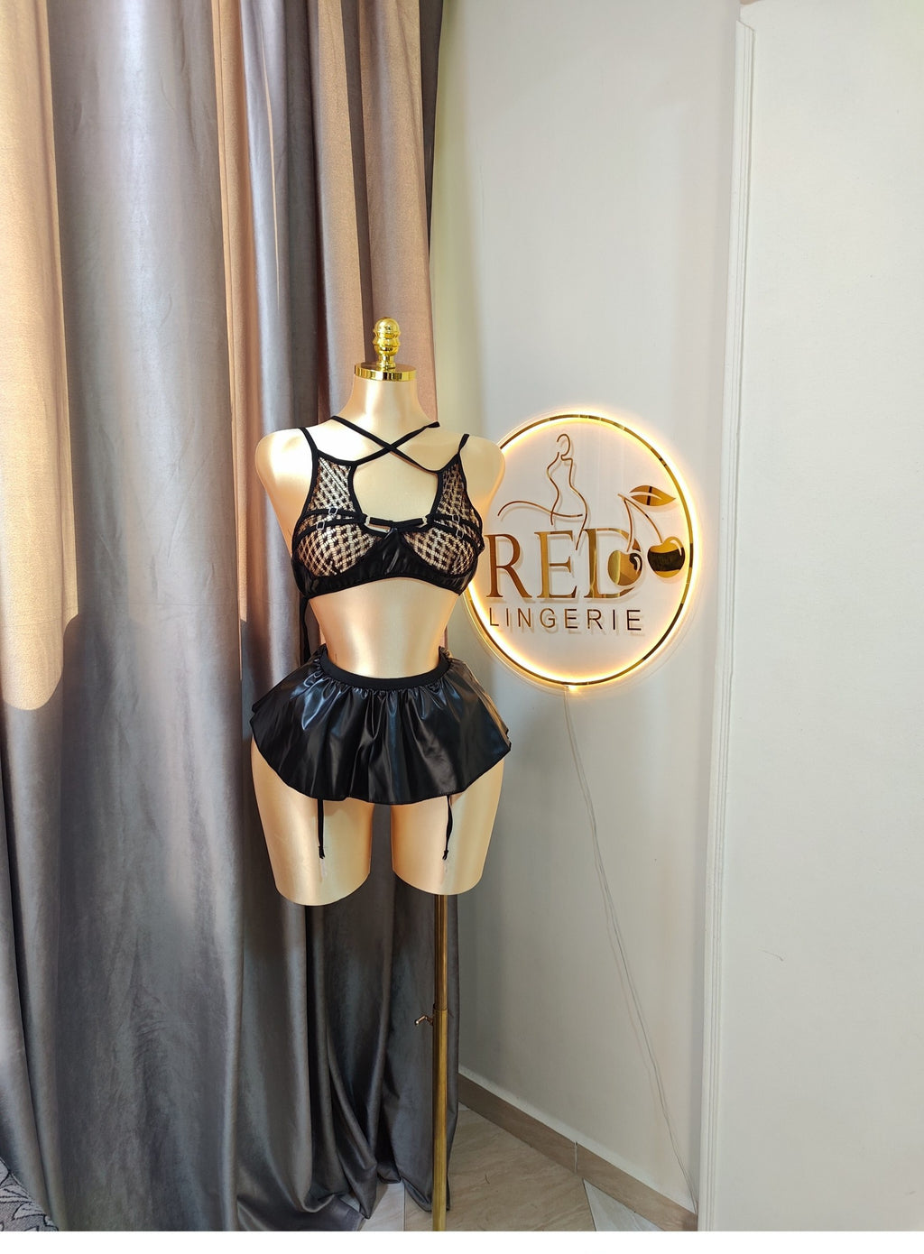Leather & Fishnet Lingerie Set