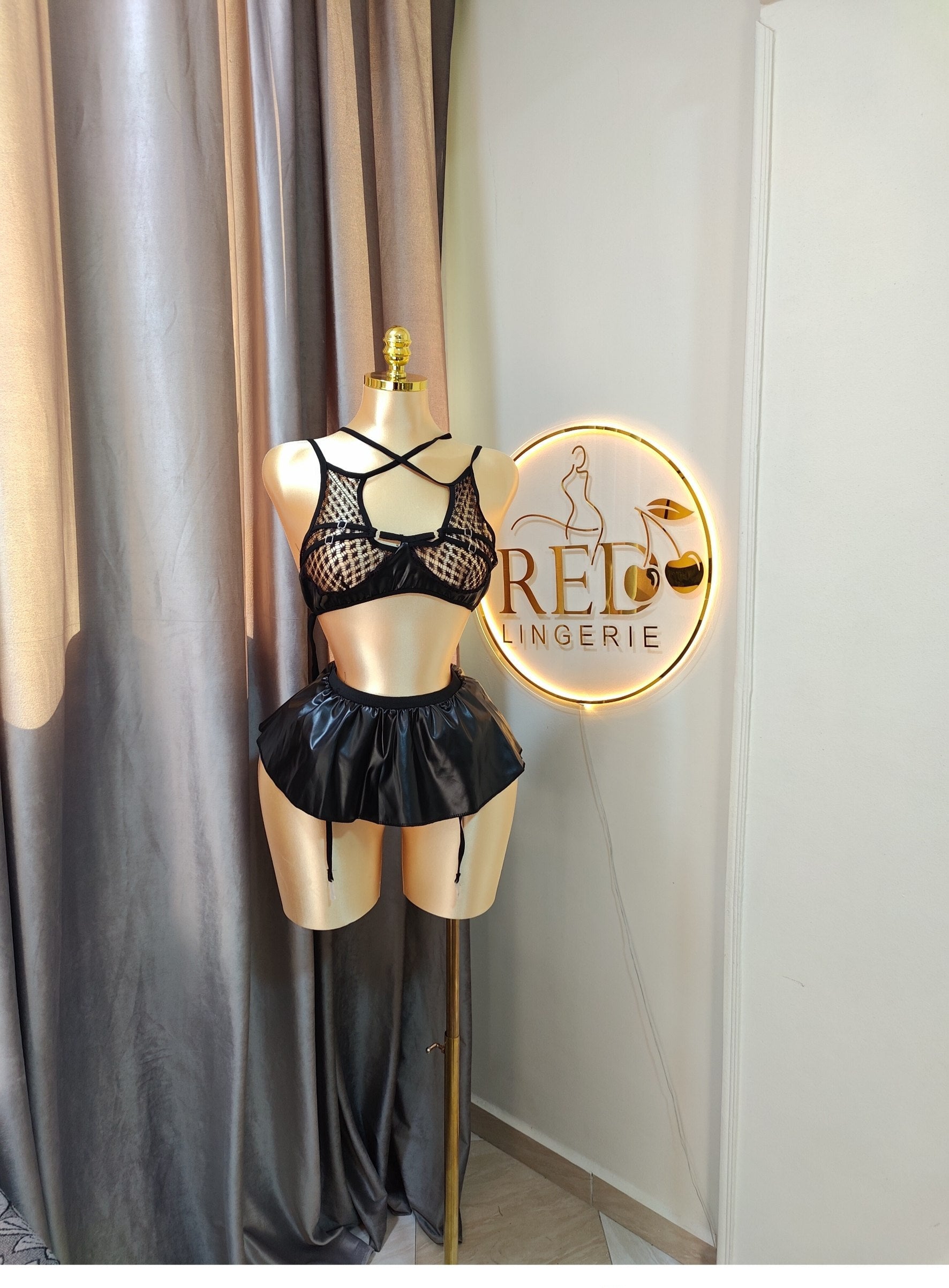 Leather & Fishnet Lingerie Set