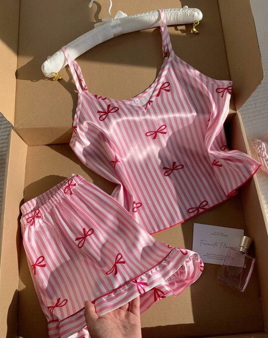 Pink and white striped satin pajama set