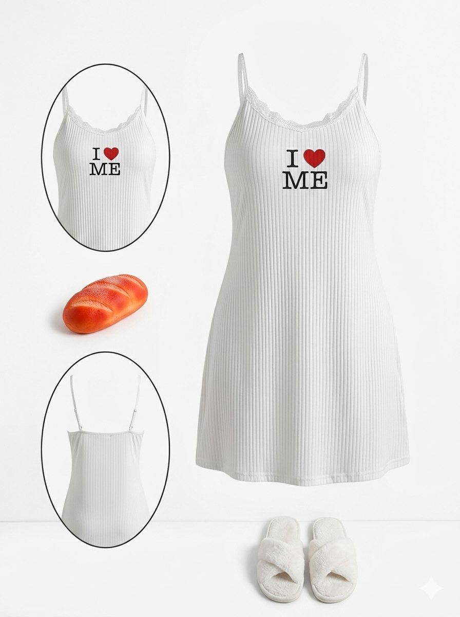 White camisole nightgown with "I ❤️ ME" print