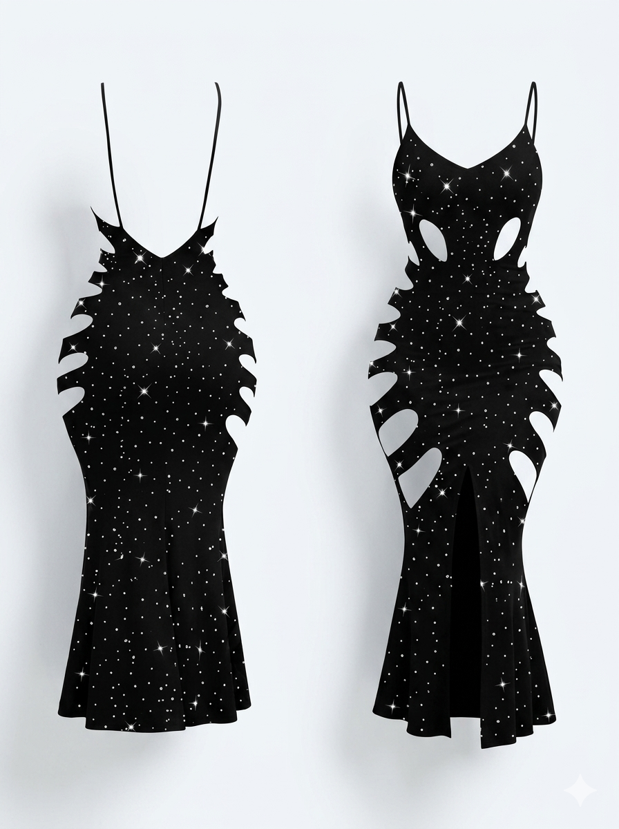 Glittery black maxi dress with cut-out details.