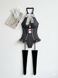 Pinstripe lingerie bodysuit with a lace bow.