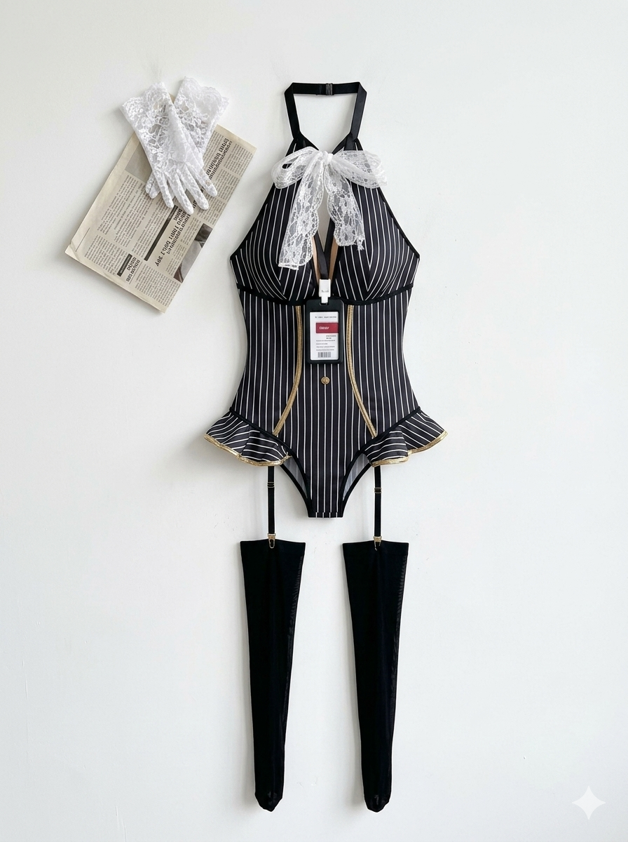 Pinstripe lingerie bodysuit with a lace bow.