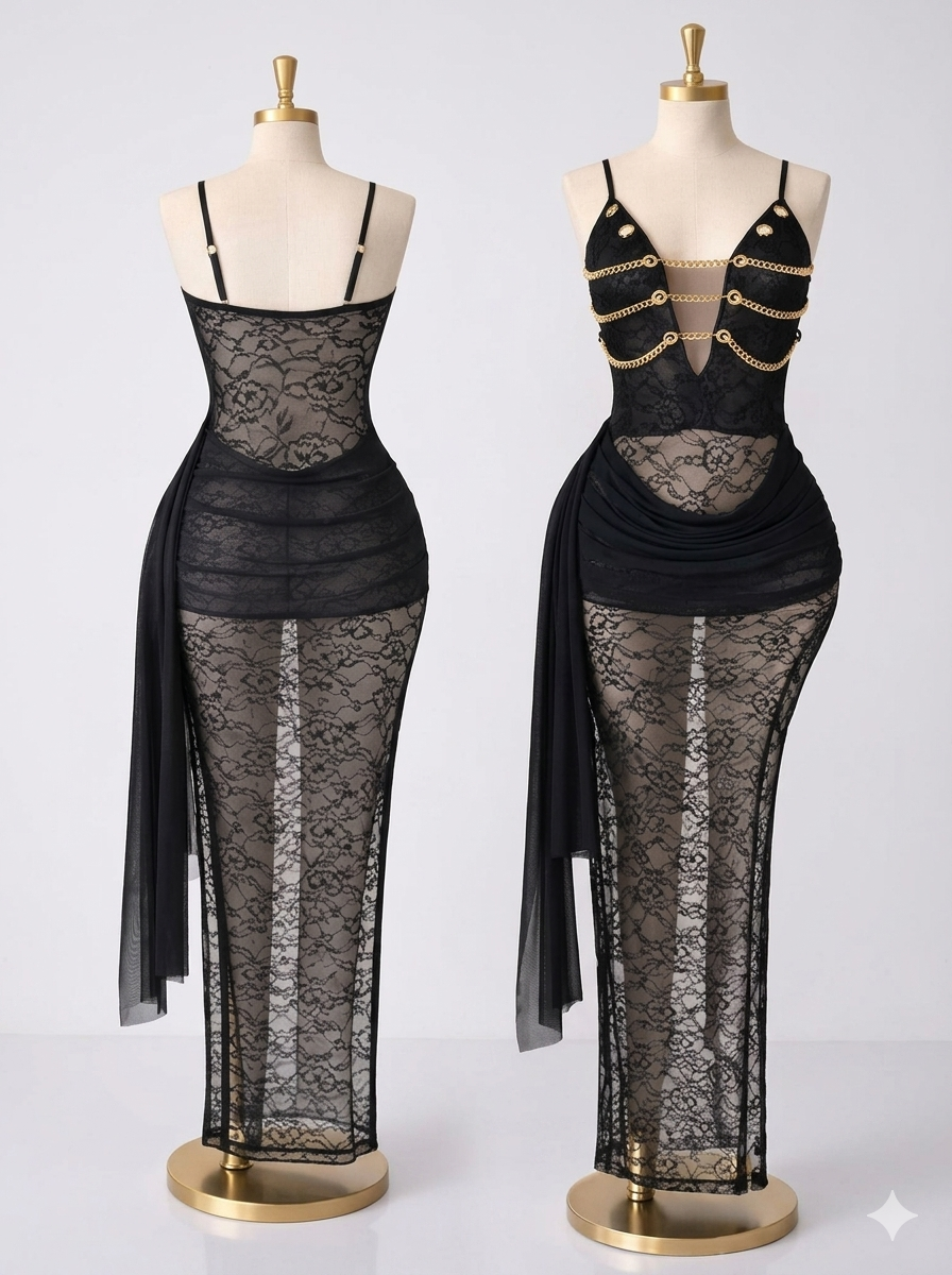 Lace maxi dress with gold chains