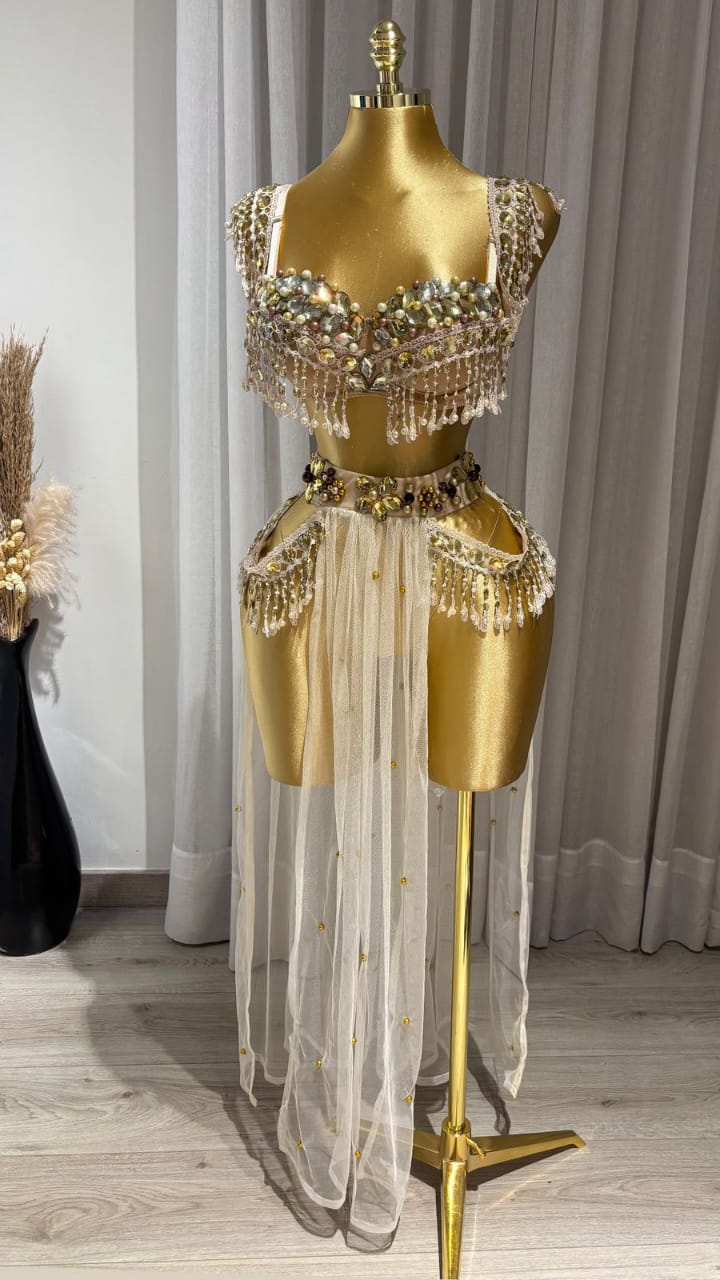 Handmade belly dance costume (white with gold)