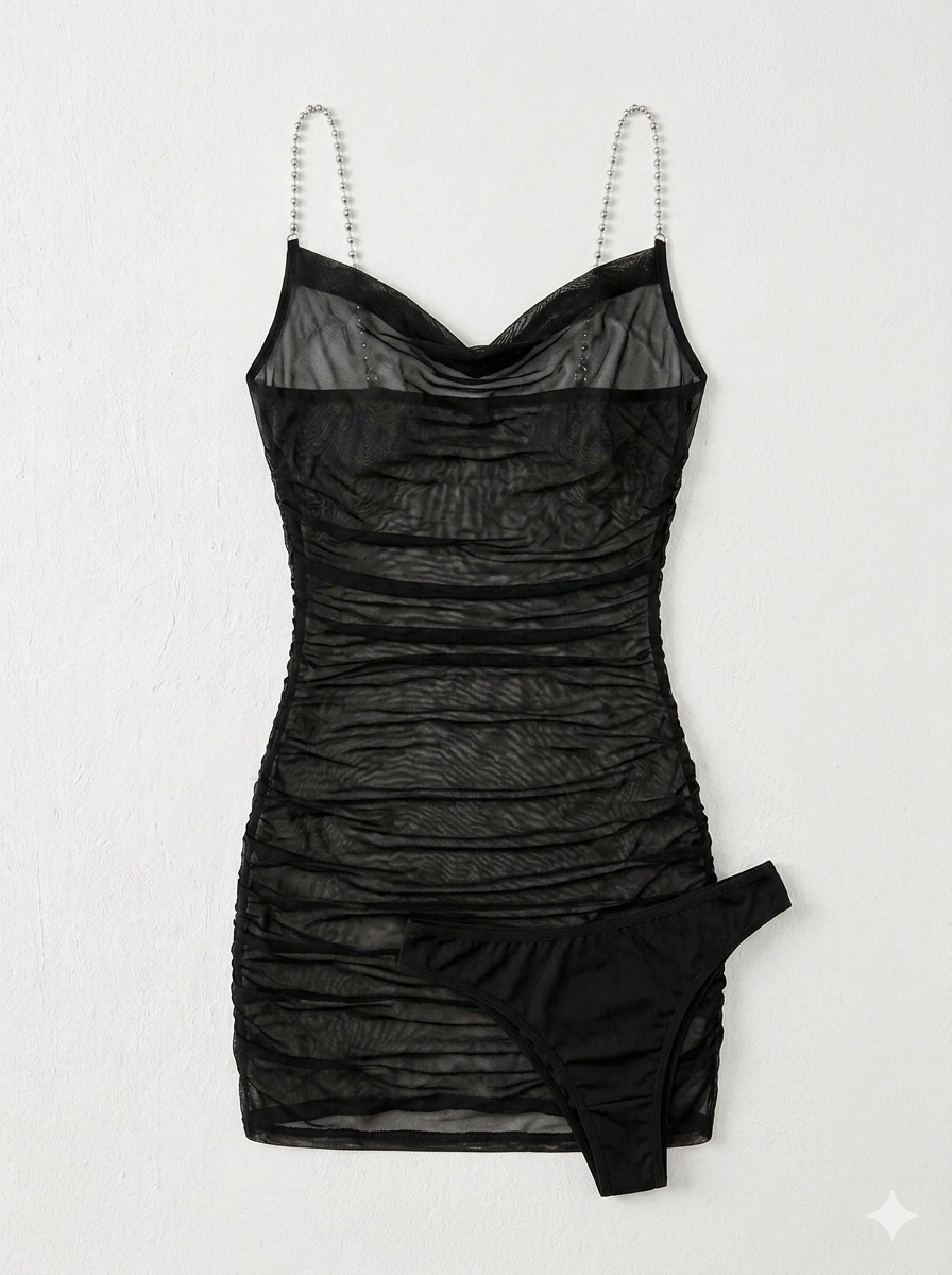 Two-piece black mesh lingerie dress