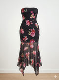 Strapless floral print dress with a mesh skirt