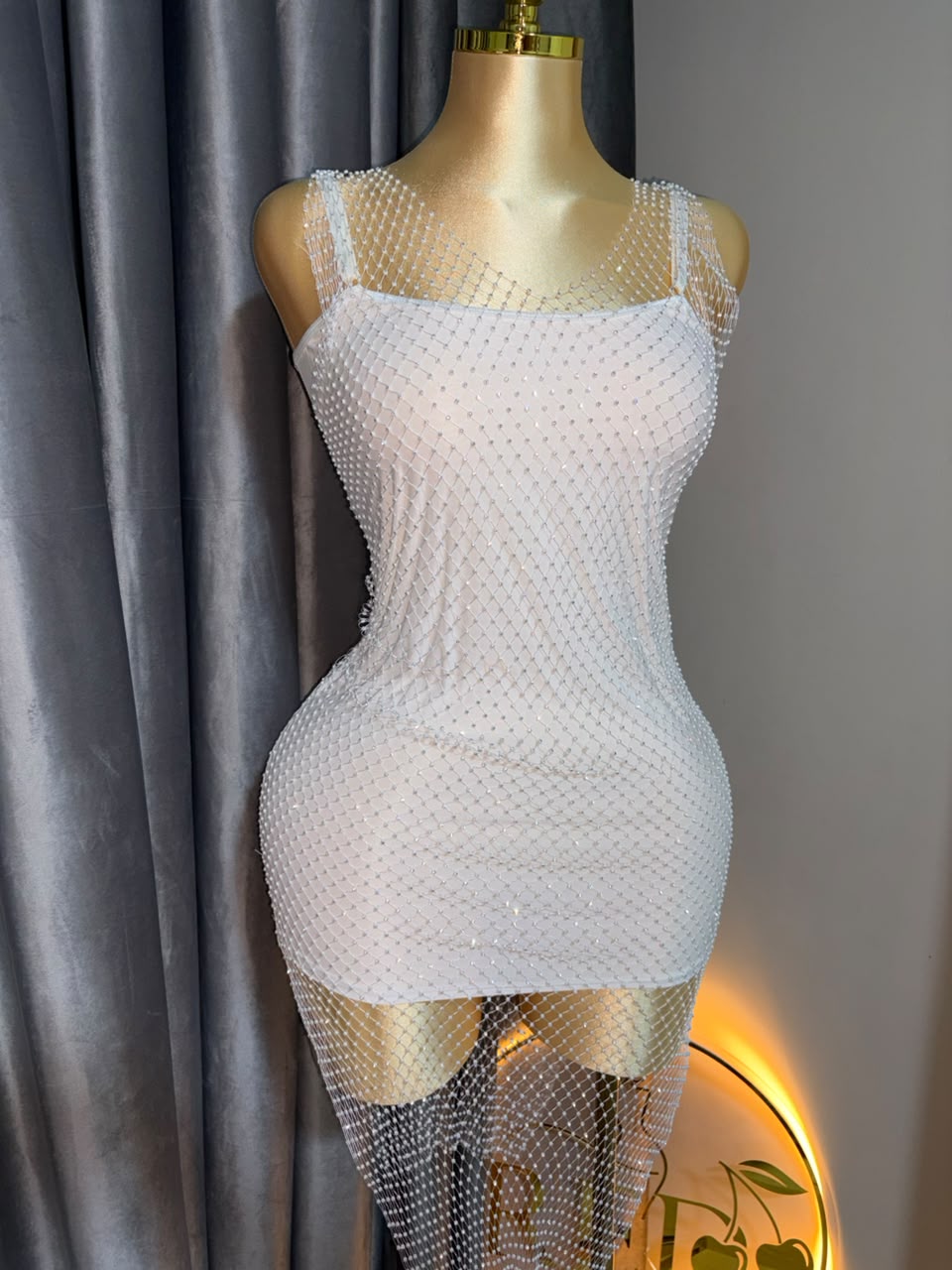 Glittery Rhinestone Mesh Mini Dress