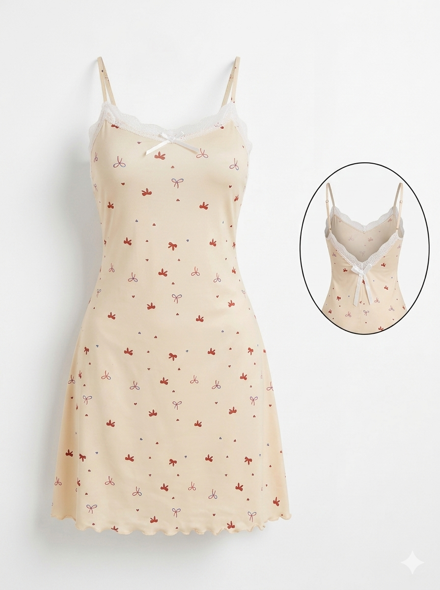 Beige patterned nightgown with white lace trim