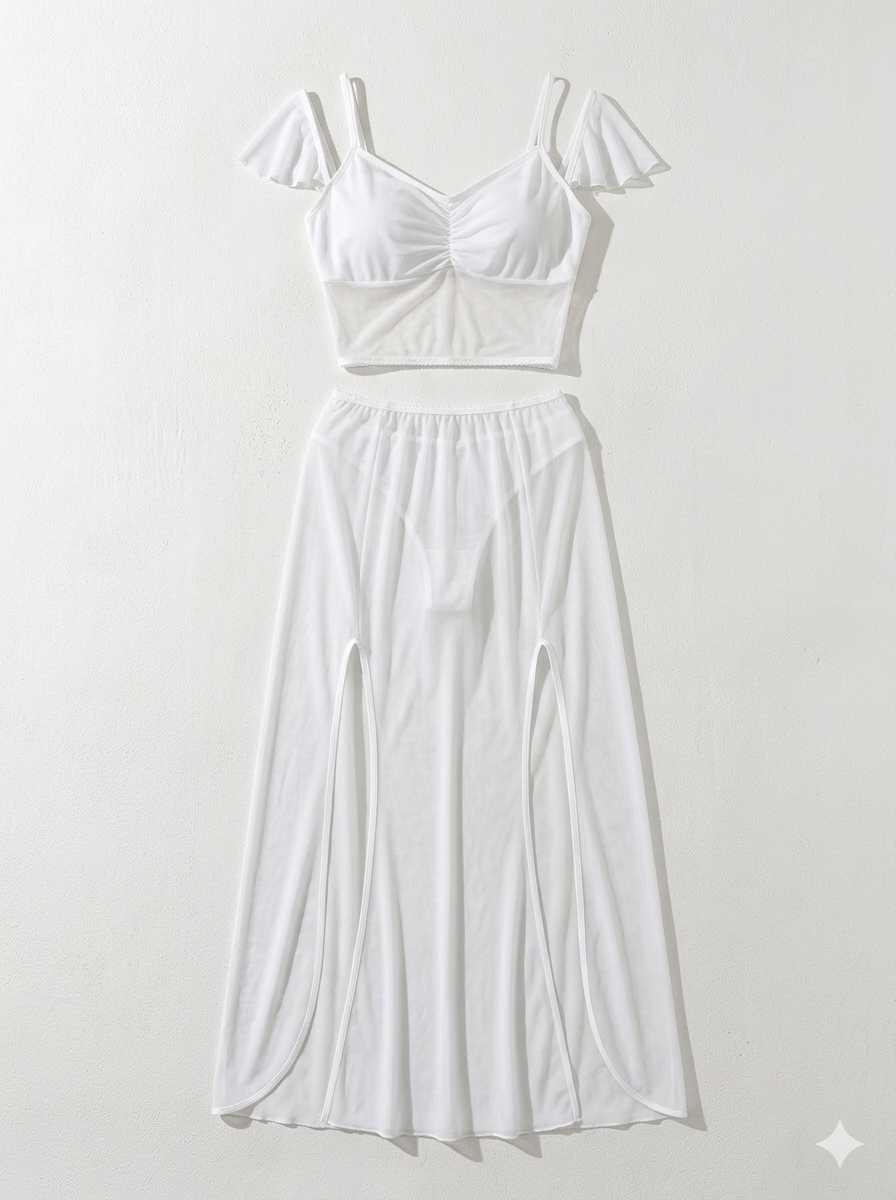 White mesh crop top and maxi skirt set.