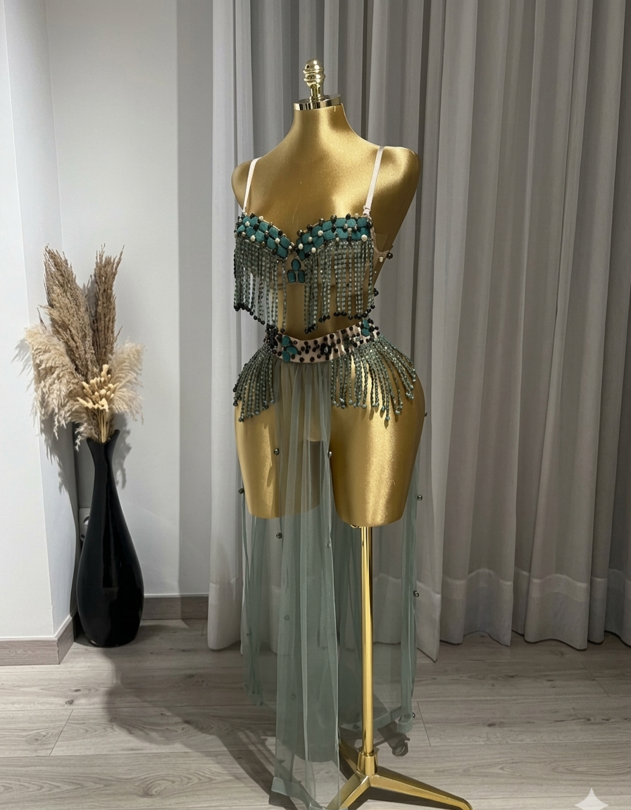 handmade belly dance outfit in teal