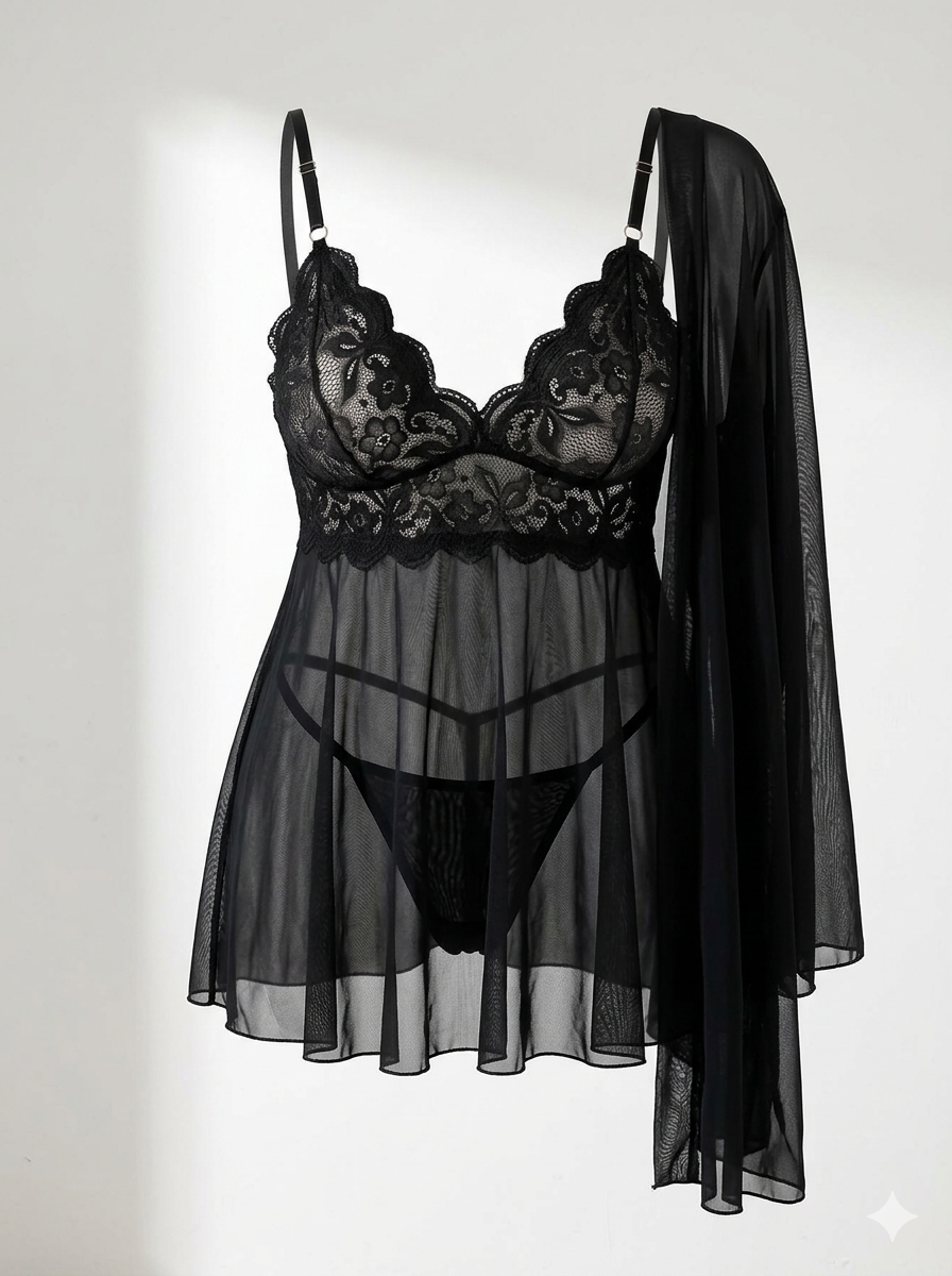 Black mesh babydoll with matching robe.