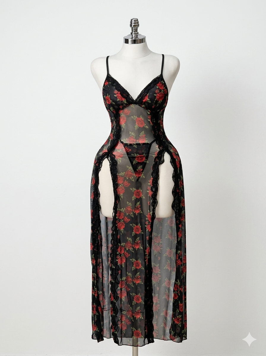 Sheer floral nightgown with high slits and lace trim.
