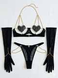 Black heart-rhinestone lingerie set with chains