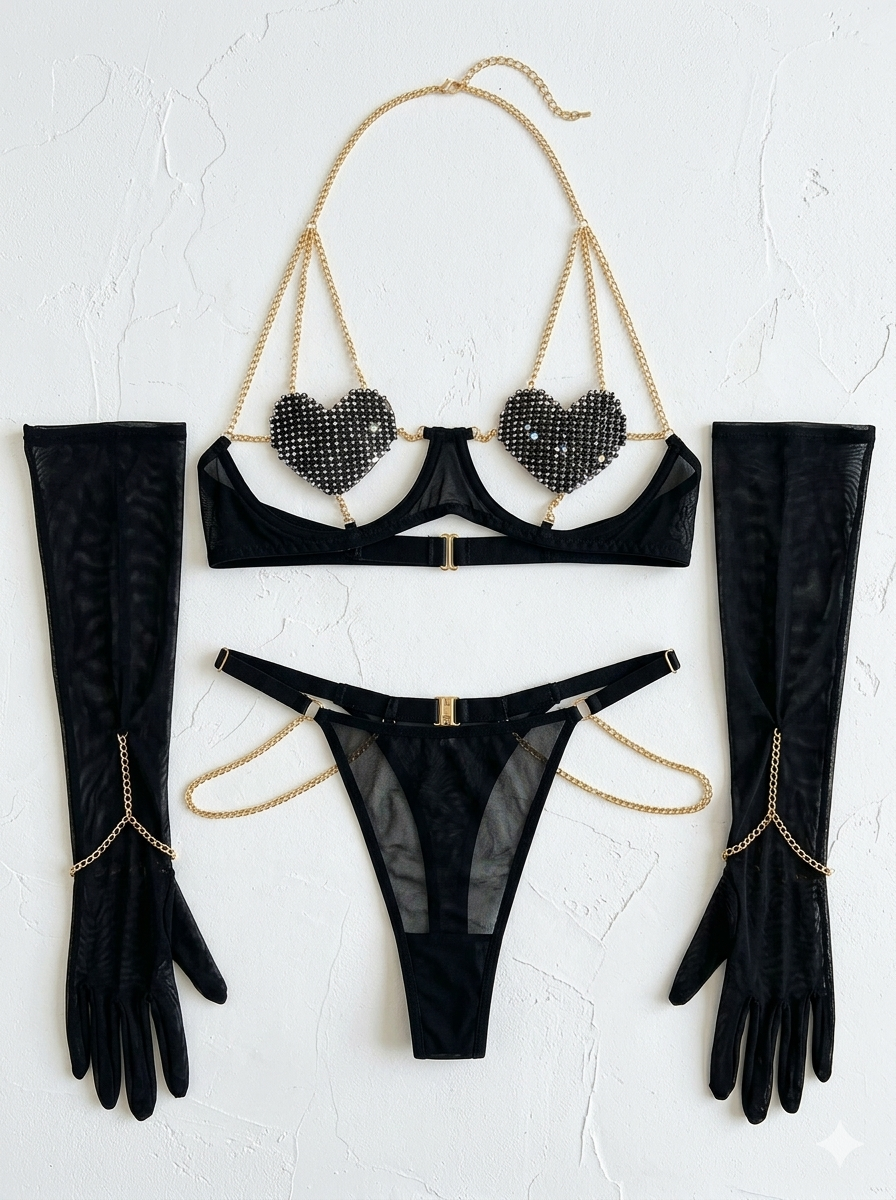 Black heart-rhinestone lingerie set with chains