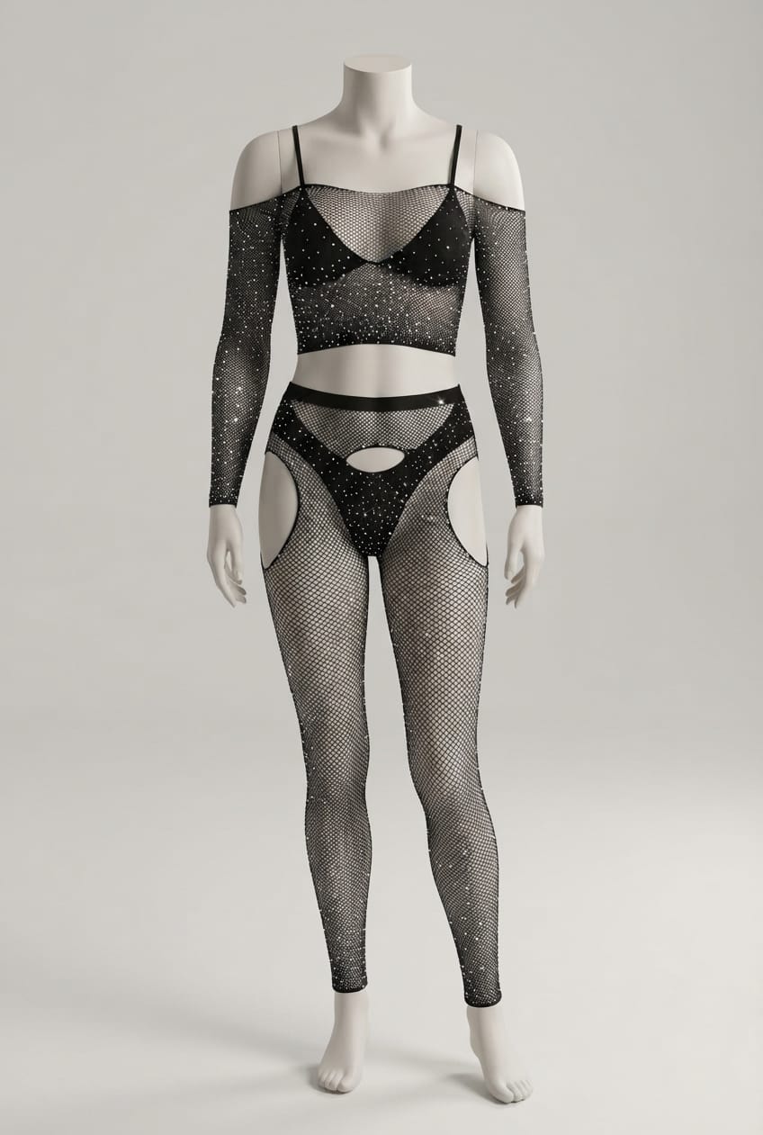 Black fishnet two-piece set with rhinestones