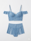 Elegant blue lace lingerie set with mesh details.
