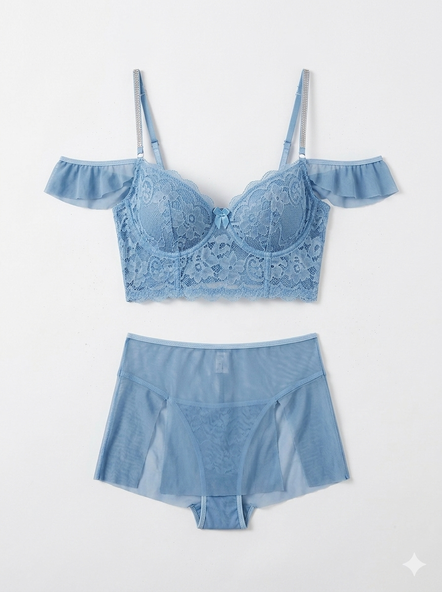 Elegant blue lace lingerie set with mesh details.
