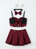 Red and black pleated skirt set with bows