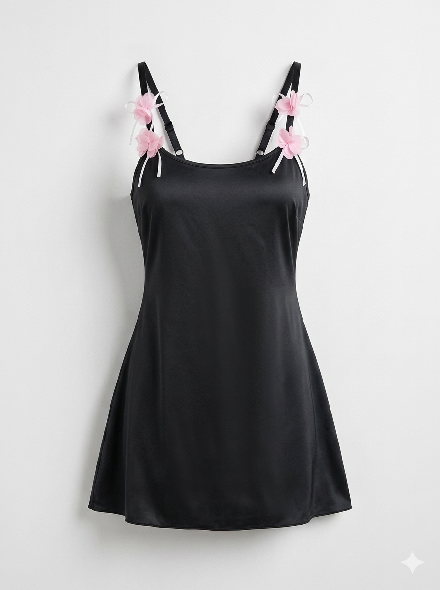 Black satin chemise with pink flower strap details