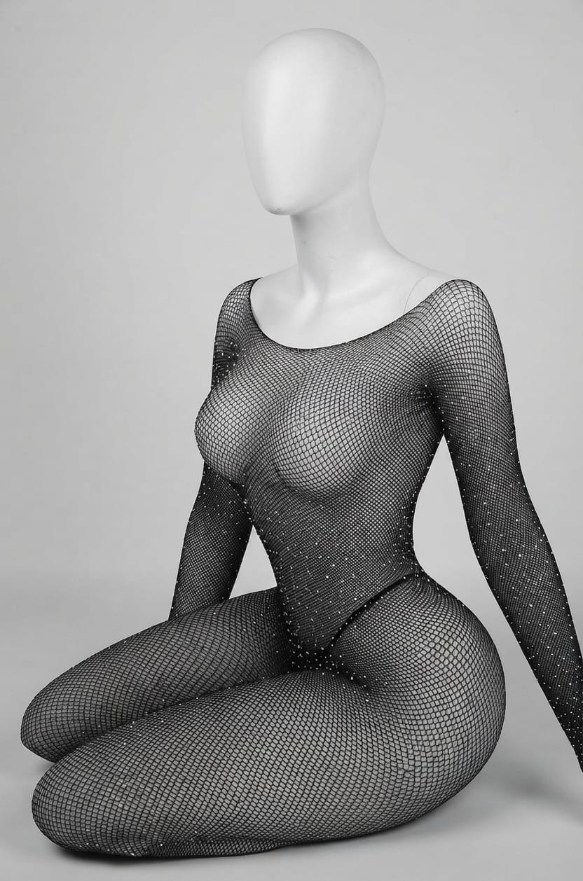 Long-sleeve black fishnet bodysuit with rhinestones